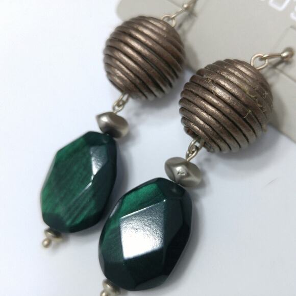 Chico's Bronze and Green Lucite Drop Bead Earrings, 2 1/4 Inches, New On Card - Picture 4 of 9
